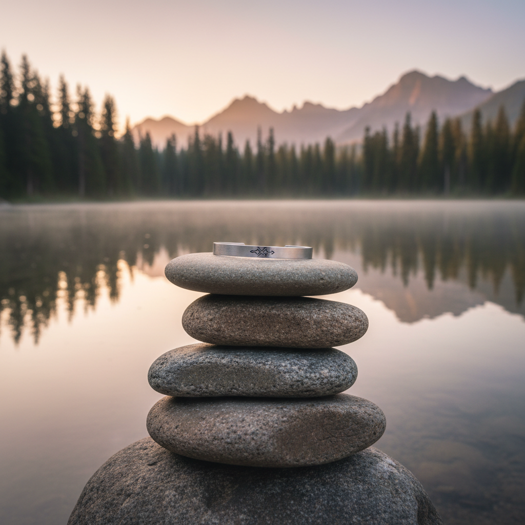 A smooth, flat rock balanced atop a small stack of stones beside a tranquil mountain lake, the water glassy and still, reflecting muted pastel hues of an early morning sky. In the foreground, a simple metal bracelet engraved with a subtle, abstract faith symbol rests on the largest stone, catching a hint of light. Pine trees and distant peaks frame the horizon, softly out of focus. Gentle, diffused sunrise light casts a delicate glow on the stones and a faint mist above the water. Captured at a low angle with shallow depth of field, the image feels spacious, meditative, and quietly powerful. The photographic realism and minimalist composition evoke healing, spiritual grounding, and inner growth without distraction.