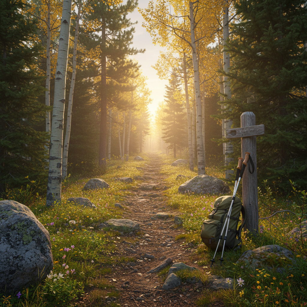 A narrow forest trail winding uphill through tall pine and aspen trees, the path edged with mossy rocks and tiny wildflowers, leading toward a distant sunlit clearing. A carefully placed pair of trekking poles leans against a weathered wooden trail marker, while a small, closed backpack rests at the side of the path. Golden hour sunlight filters through the canopy, casting dappled patterns on the packed earth and illuminating gentle mist between the trees. Shot from a low, forward-facing angle, the composition draws the eye along the path, evoking progress and personal growth. The mood is serene and hopeful, in photographic realism, with natural colors and a clean, spacious frame that invites quiet reflection and a sense of spiritual journey.