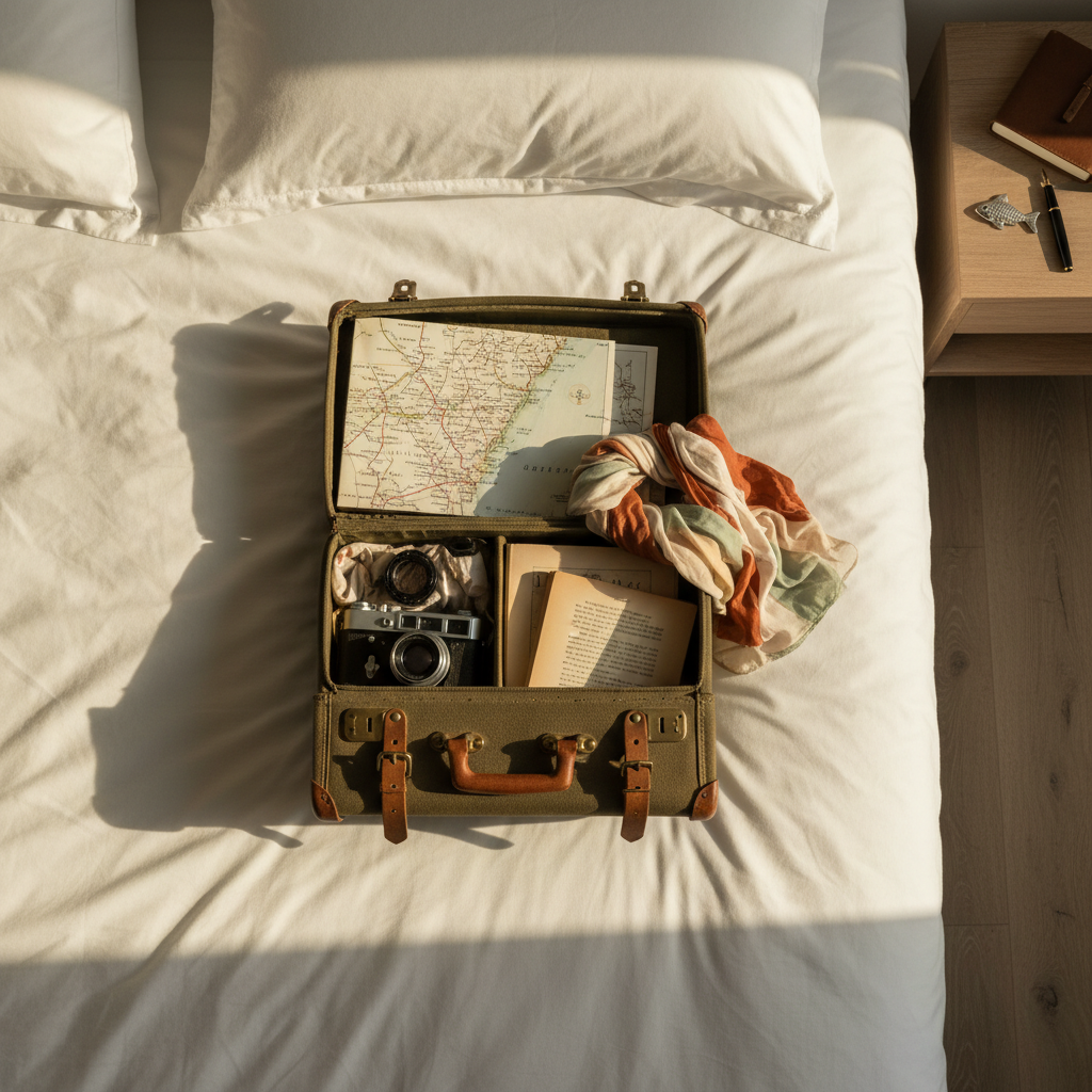 A small, carefully packed suitcase made of textured canvas and leather resting on a neatly made bed with crisp white linens, half-open to reveal a folded map, a compact camera, a worn paperback, and a light scarf in muted earth tones. On the bedside table, a simple metal charm in the shape of a fish rests beside a travel journal and a slim fountain pen. Late afternoon sunlight streams in through an unseen window, casting warm highlights on the suitcase’s buckles and soft shadows across the bedspread. Photographed from above with a clean, spacious composition, the scene suggests thoughtful, intentional travel. The mood is hopeful and reflective, with photographic realism and a sophisticated, uncluttered aesthetic that emphasizes meaningful journeys over hurried tourism.