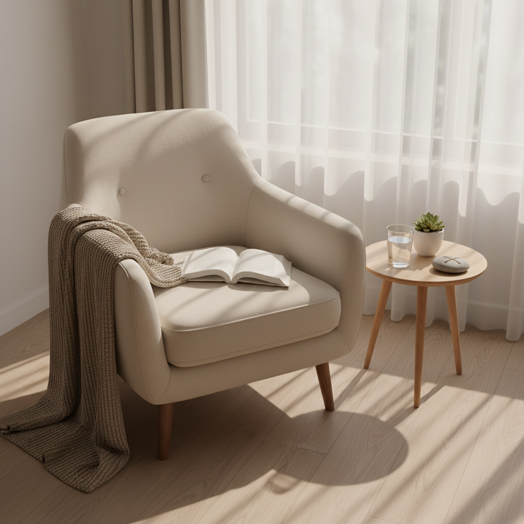 A minimalist living room corner with a plush, neutral-toned armchair angled slightly toward a large window, a soft knitted throw draped over one arm and an open hardcover book resting on the seat. Beside the chair, a simple round side table holds a glass of water, a small potted plant, and a smooth river stone engraved with a subtle cross-like pattern. Diffused afternoon light pours through sheer curtains, bathing the scene in a warm, gentle glow and creating soft-edged shadows on the floor. Captured from a slightly elevated angle with a balanced, rule-of-thirds composition, the image feels inviting, calm, and introspective. The photographic realism and understated, sophisticated decor communicate healing, rest, and encouragement in everyday life.